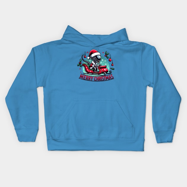 Christmas Alien Riding a Sleigh Kids Hoodie by TooplesArt